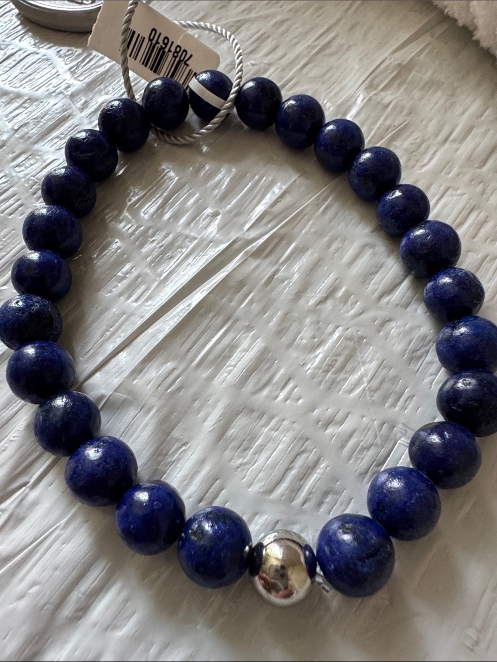 Bracelet Lapis Lazuli Beaded Stretch Bracelet in Stainless Steel is 8 inches